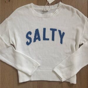 Z Supply White Crewneck Sweater with Blue "SALTY" Graphic XS